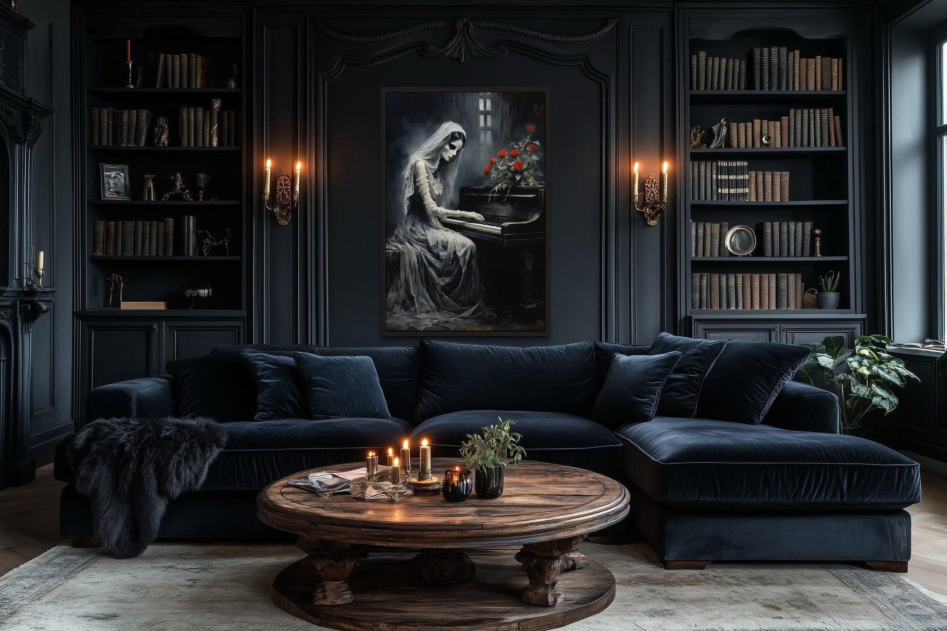 Ghost Playing Piano Gothic Framed Canvas Wall Art
