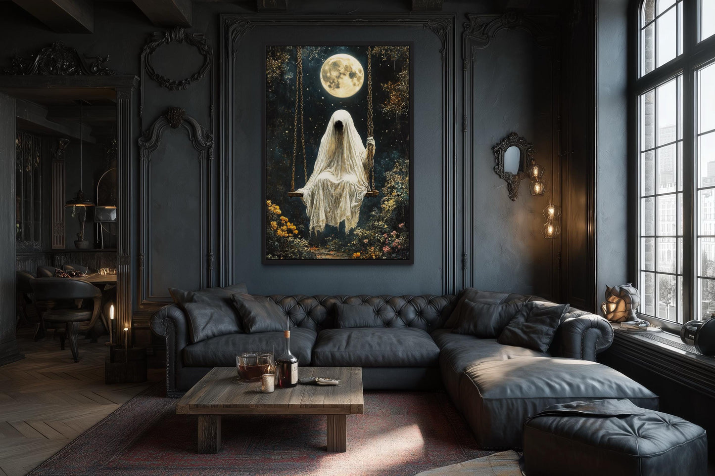 Ghost on Swing Under Full Moon Gothic Wall Art