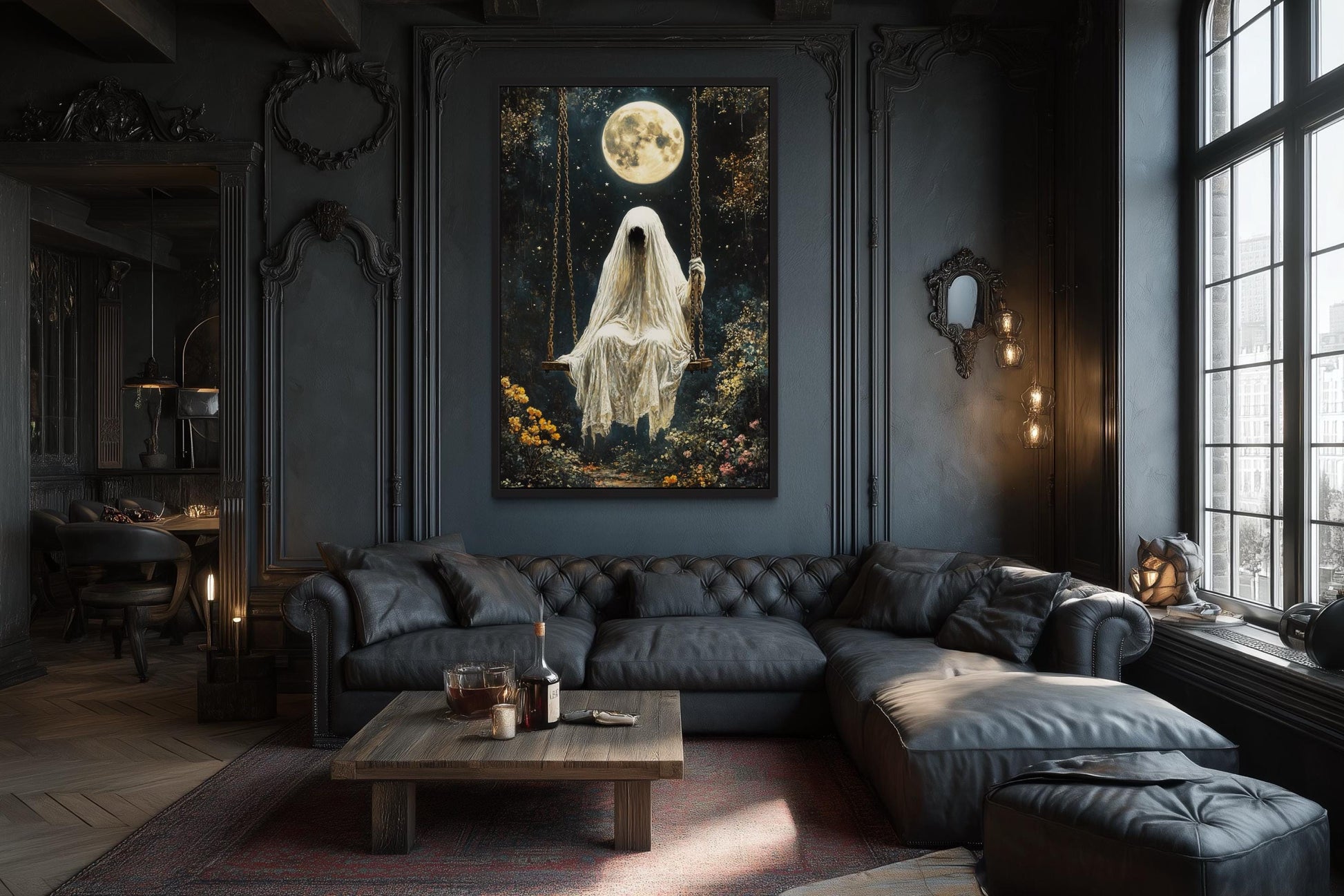 Ghost on Swing Under Full Moon Gothic Wall Art