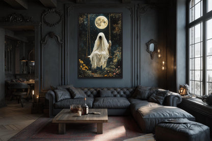 Ghost on Swing Under Full Moon Gothic Wall Art