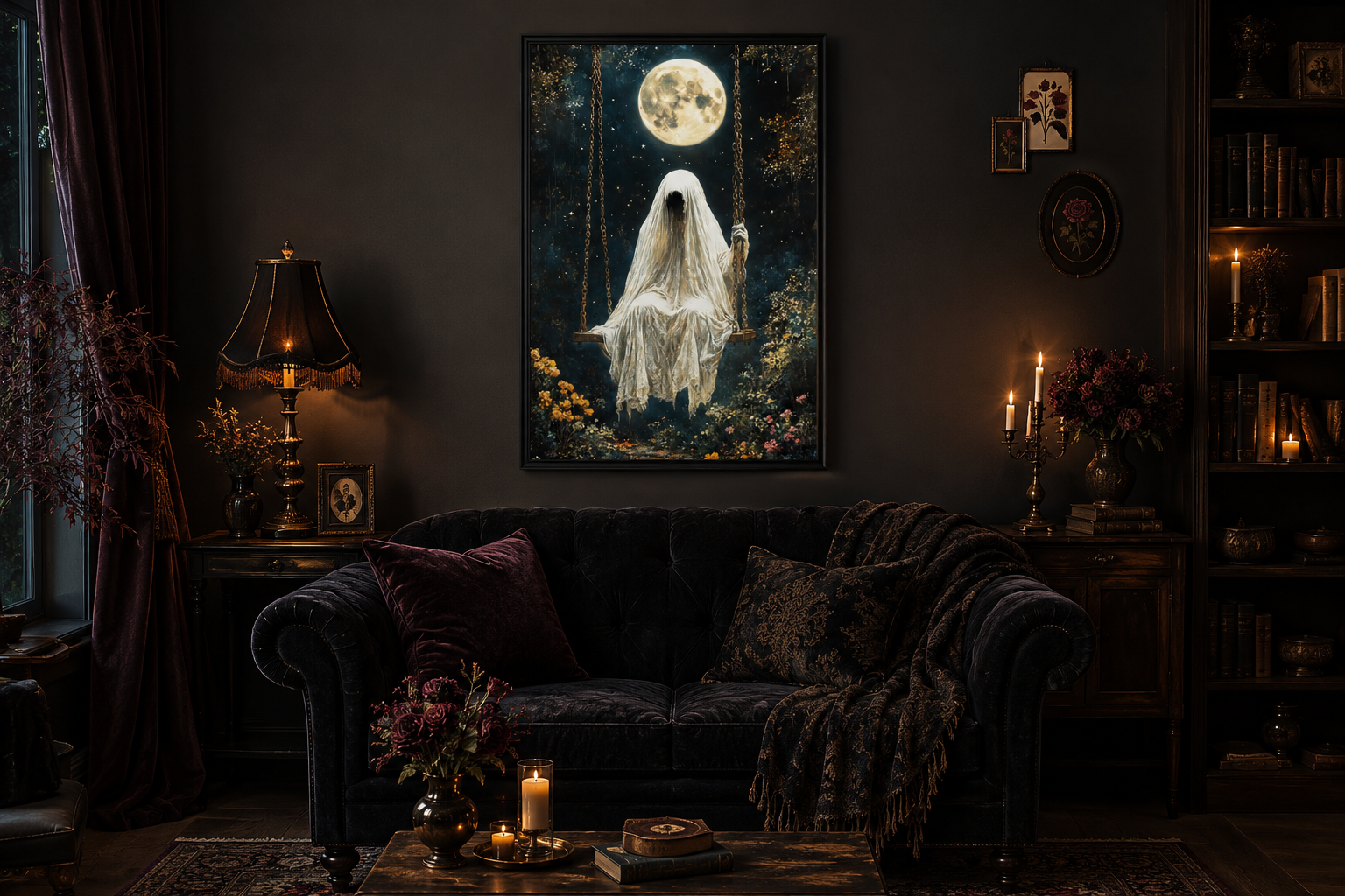 Ghost on Swing Under Full Moon Gothic Wall Art