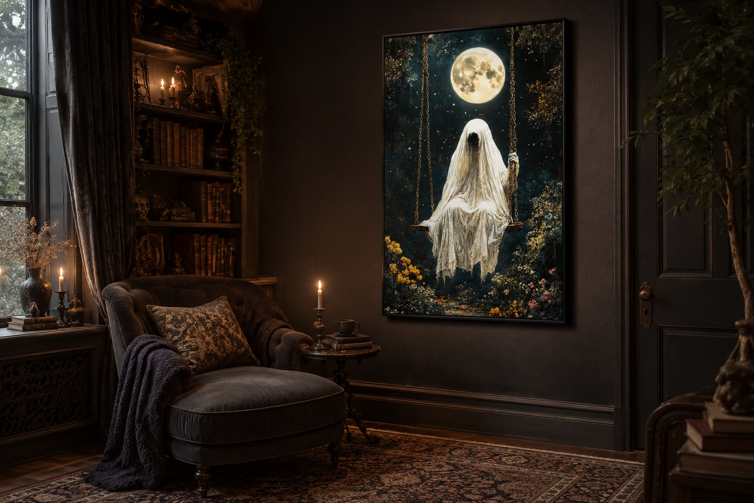 Ghost on Swing Under Full Moon Gothic Wall Art