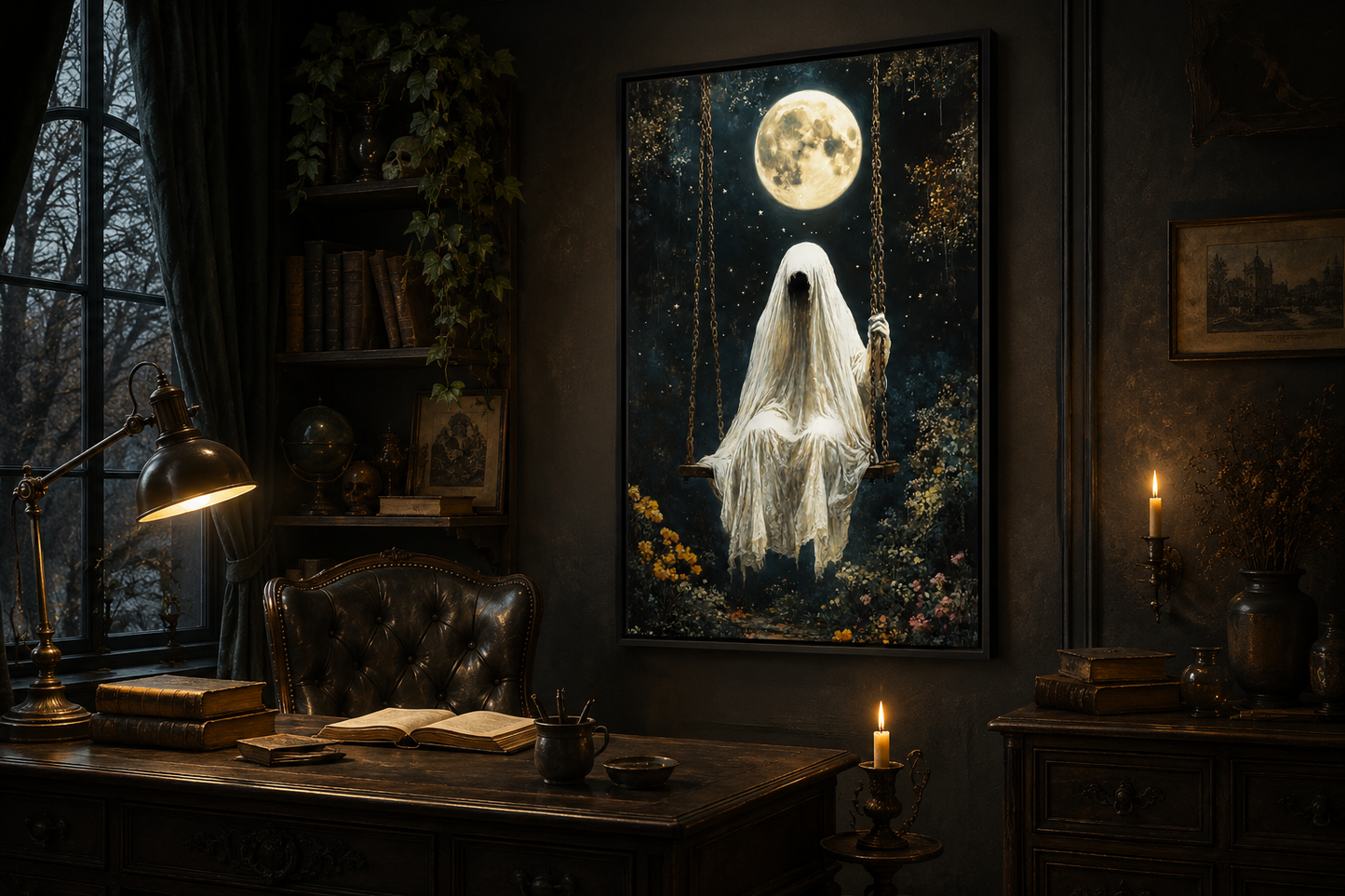 Ghost on Swing Under Full Moon Gothic Wall Art