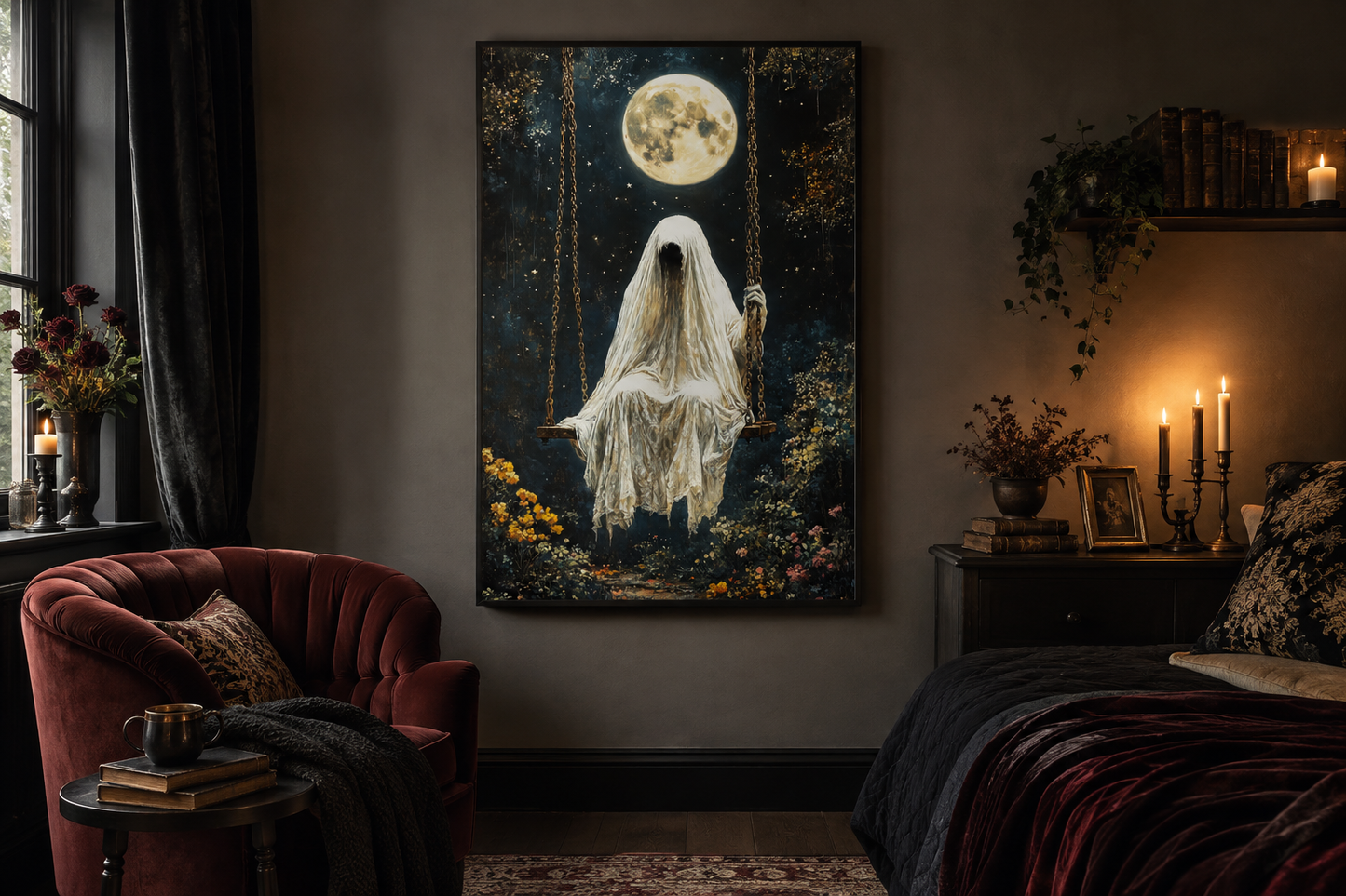 Ghost on Swing Under Full Moon Gothic Wall Art