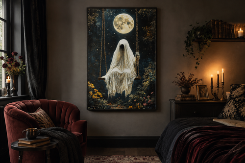 Ghost on Swing Under Full Moon Gothic Wall Art