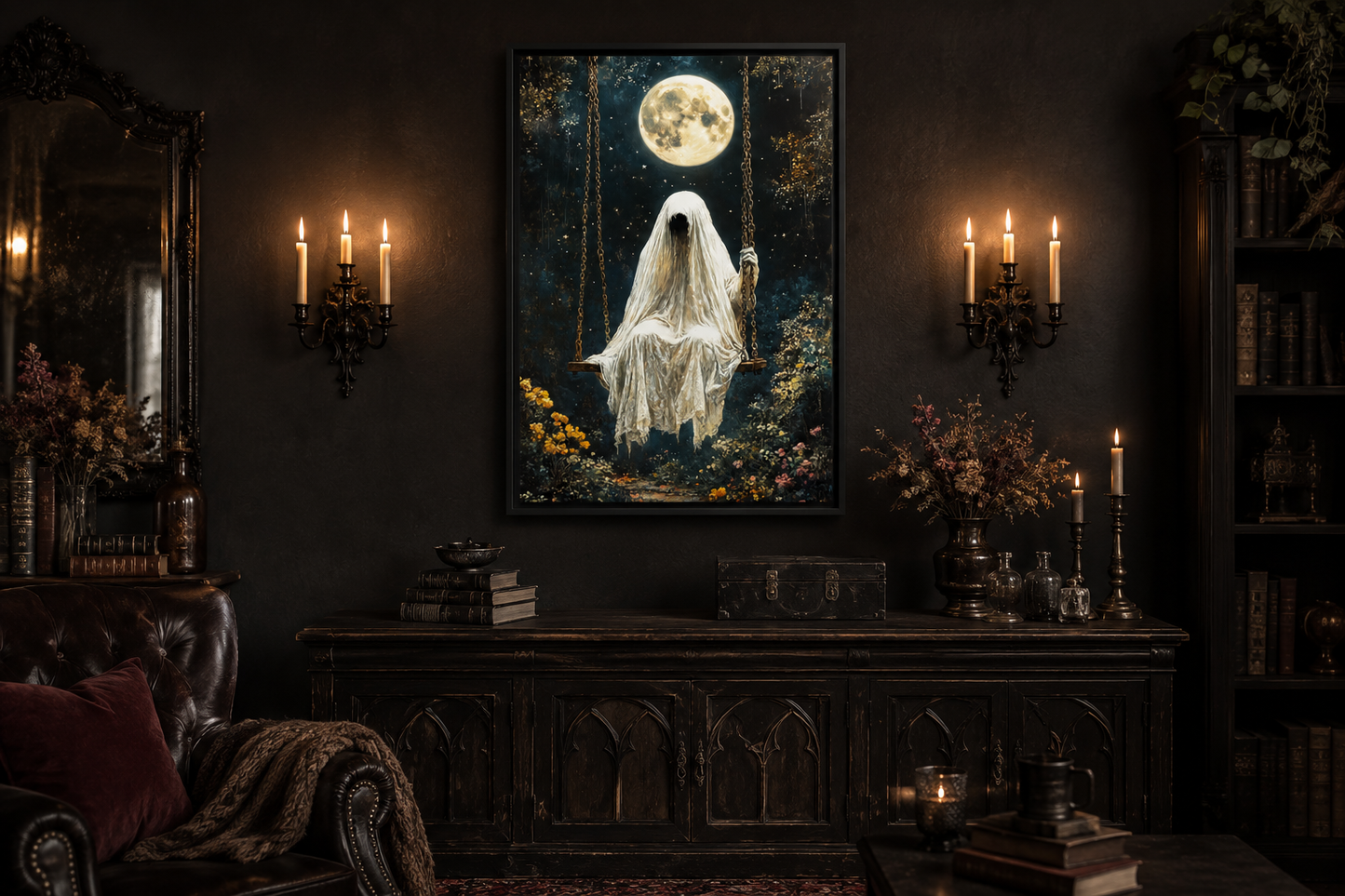 Ghost on Swing Under Full Moon Gothic Wall Art