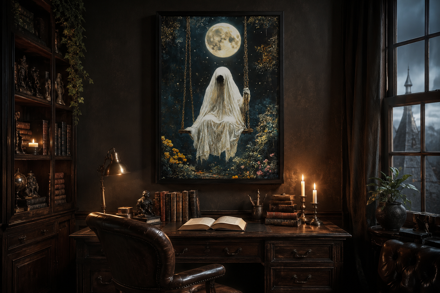 Ghost on Swing Under Full Moon Gothic Wall Art