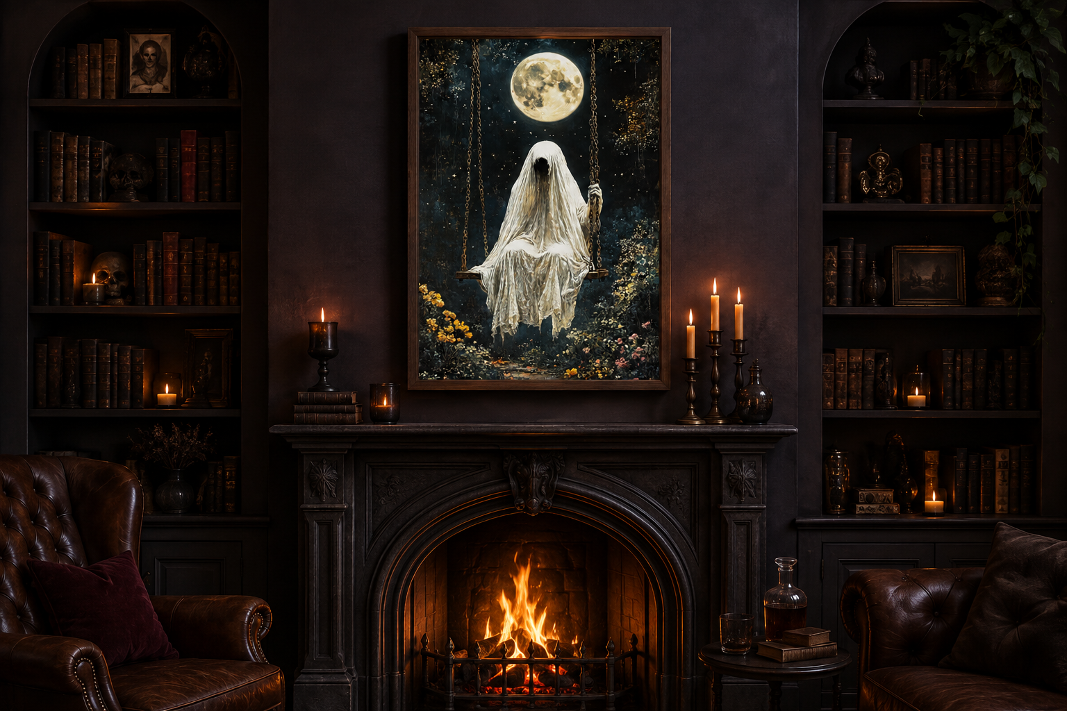 Ghost on Swing Under Full Moon Gothic Wall Art