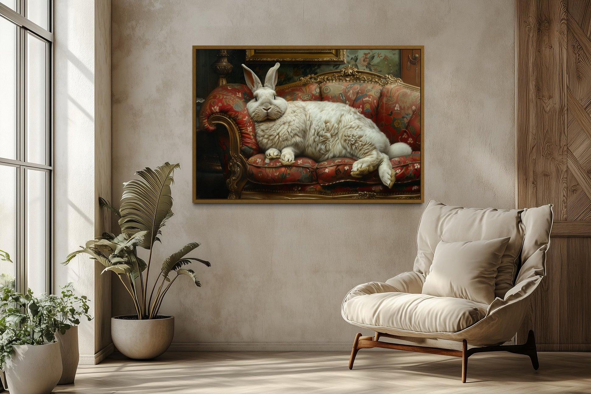 Giant Fat Bunny Lounging On Ornate Victorian Sofa Canvas Wall Art