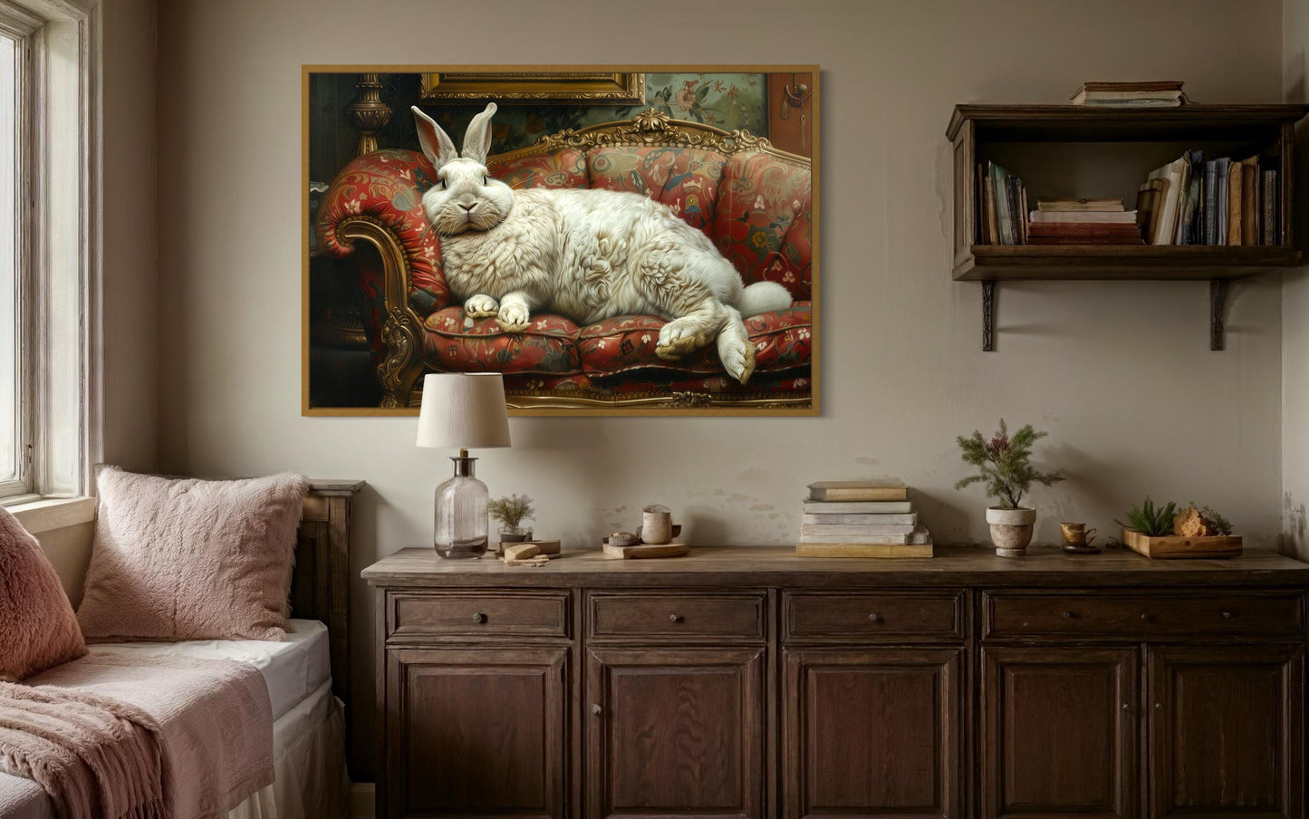 Giant Fat Bunny Lounging On Ornate Victorian Sofa Canvas Wall Art