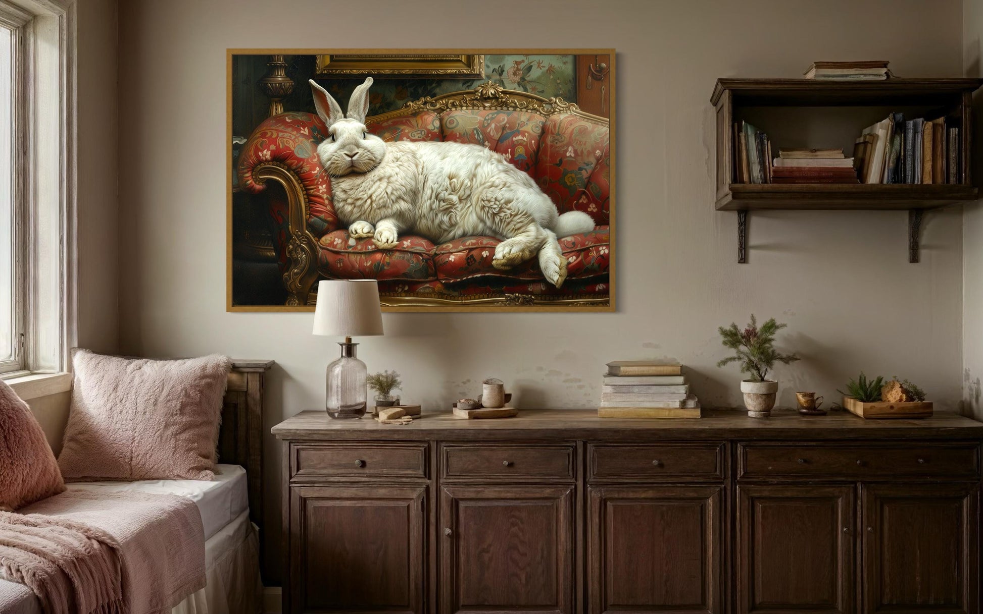 Giant Fat Bunny Lounging On Ornate Victorian Sofa Canvas Wall Art