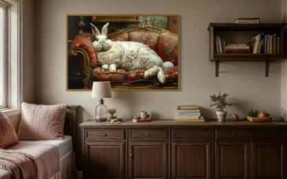 Giant Fat Bunny Lounging On Ornate Victorian Sofa Canvas Wall Art