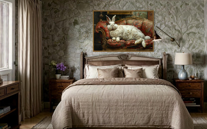 Giant Fat Bunny Lounging On Ornate Victorian Sofa Canvas Wall Art