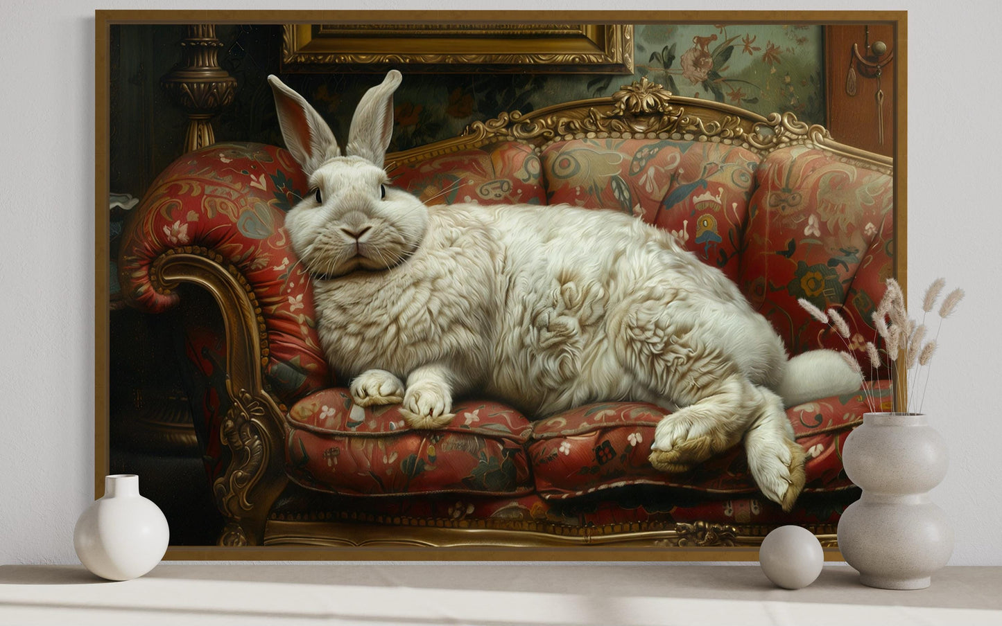 Giant Fat Bunny Lounging On Ornate Victorian Sofa Canvas Wall Art