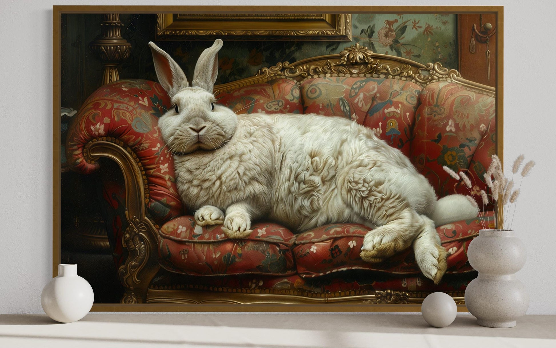 Giant Fat Bunny Lounging On Ornate Victorian Sofa Canvas Wall Art