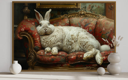 Giant Fat Bunny Lounging On Ornate Victorian Sofa Canvas Wall Art
