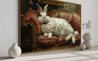 Giant Fat Bunny Lounging On Ornate Victorian Sofa Canvas Wall Art