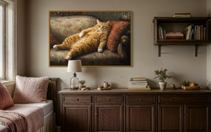 Giant Fat Orange Cat Wall Art Lounging On Victorian Sofa Wall Art