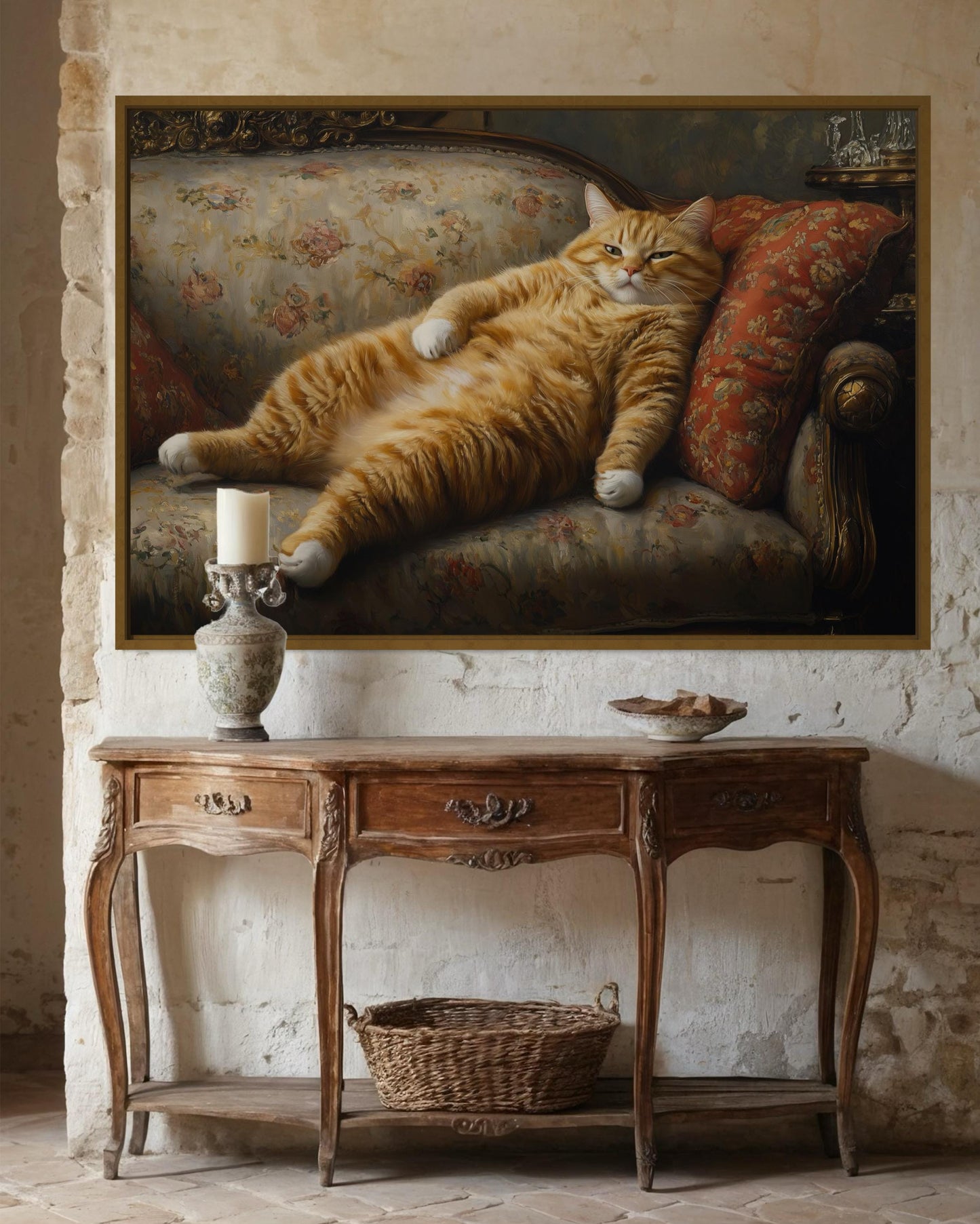 Giant Fat Orange Cat Wall Art Lounging On Victorian Sofa Wall Art