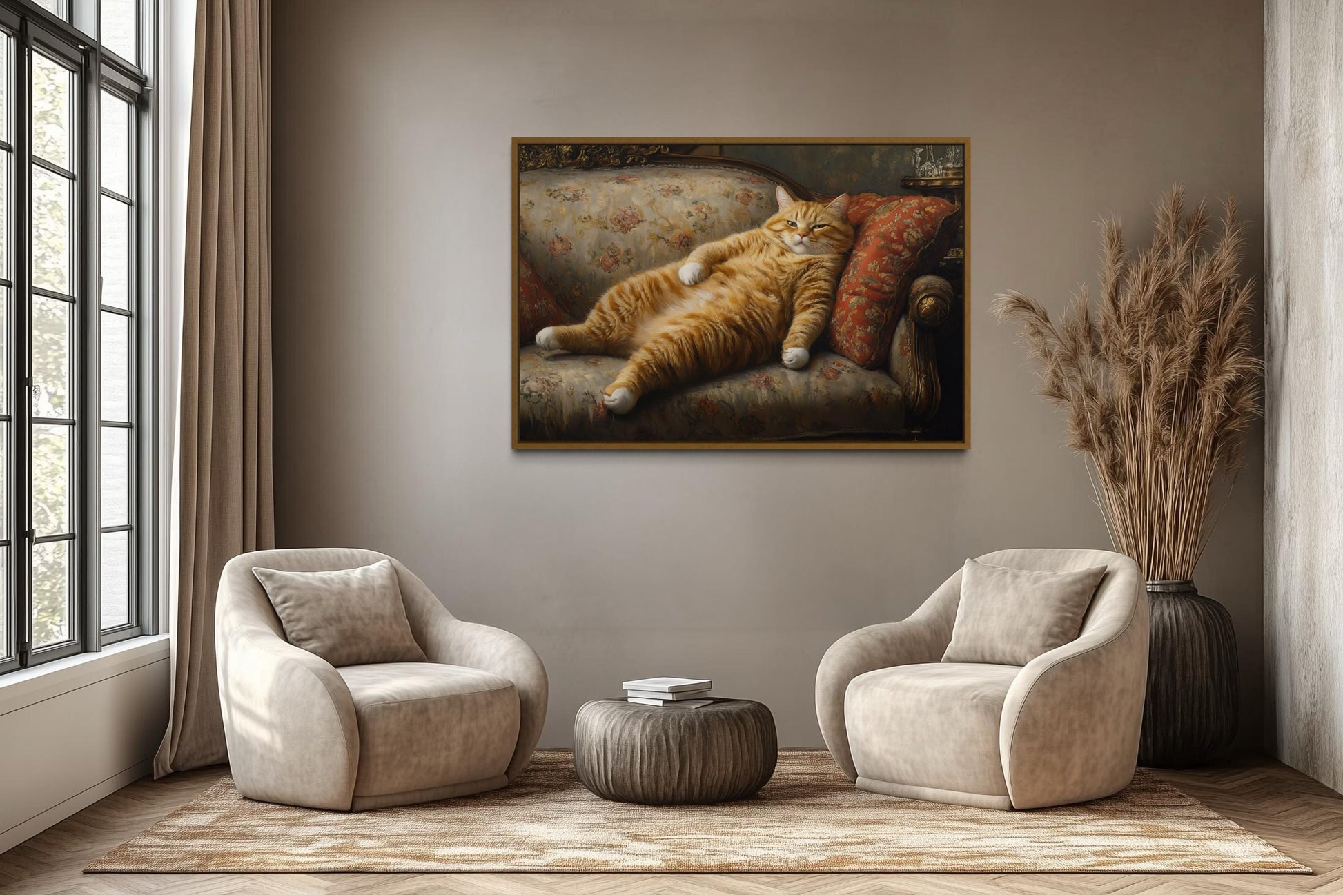 Giant Fat Orange Cat Wall Art Lounging On Victorian Sofa Wall Art