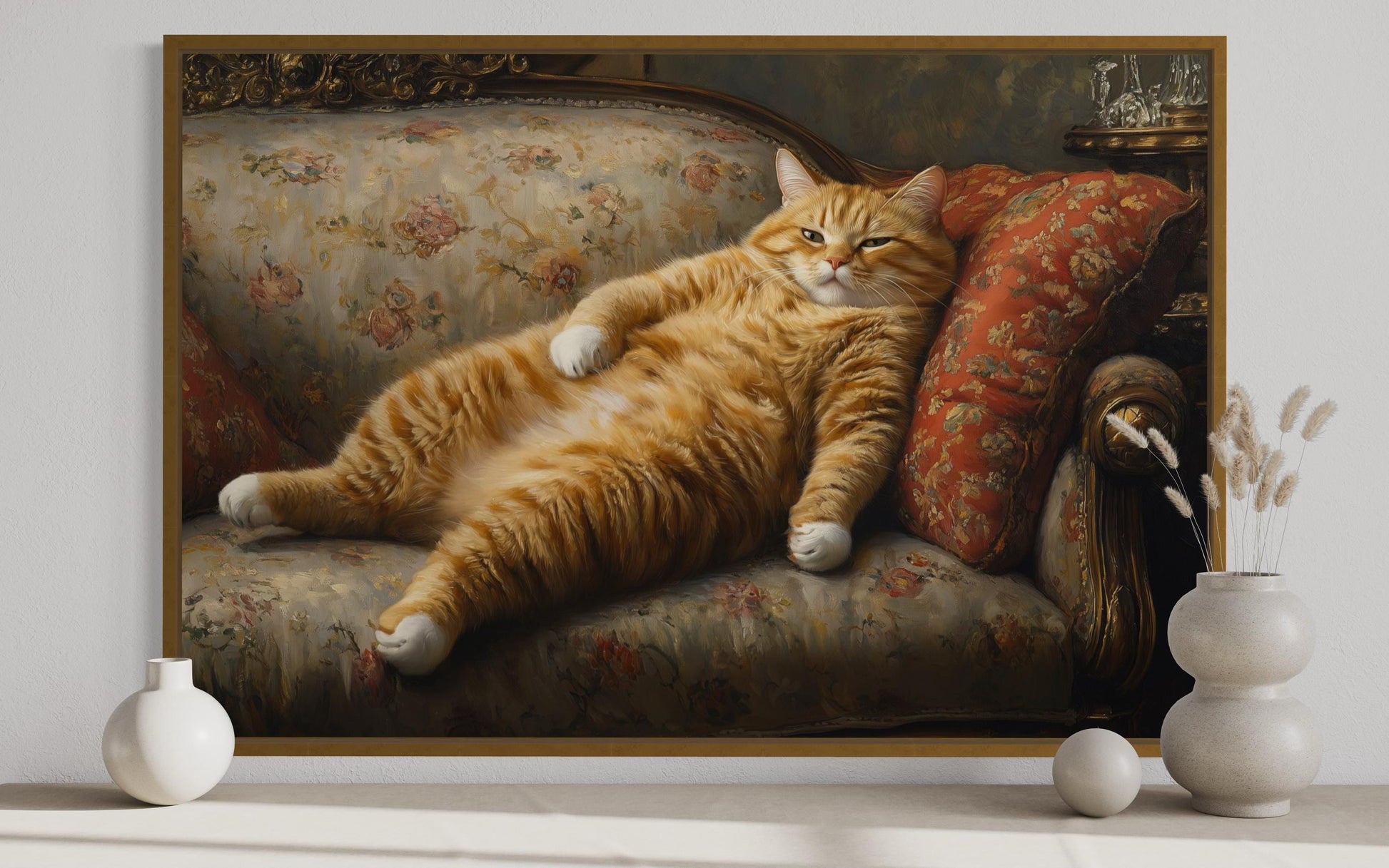 Giant Fat Orange Cat Wall Art Lounging On Victorian Sofa Wall Art