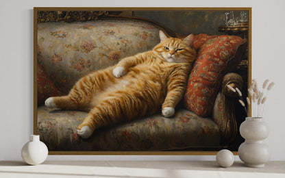 Giant Fat Orange Cat Wall Art Lounging On Victorian Sofa Wall Art