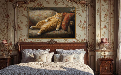 Giant Fat Orange Cat Wall Art Lounging On Victorian Sofa Wall Art