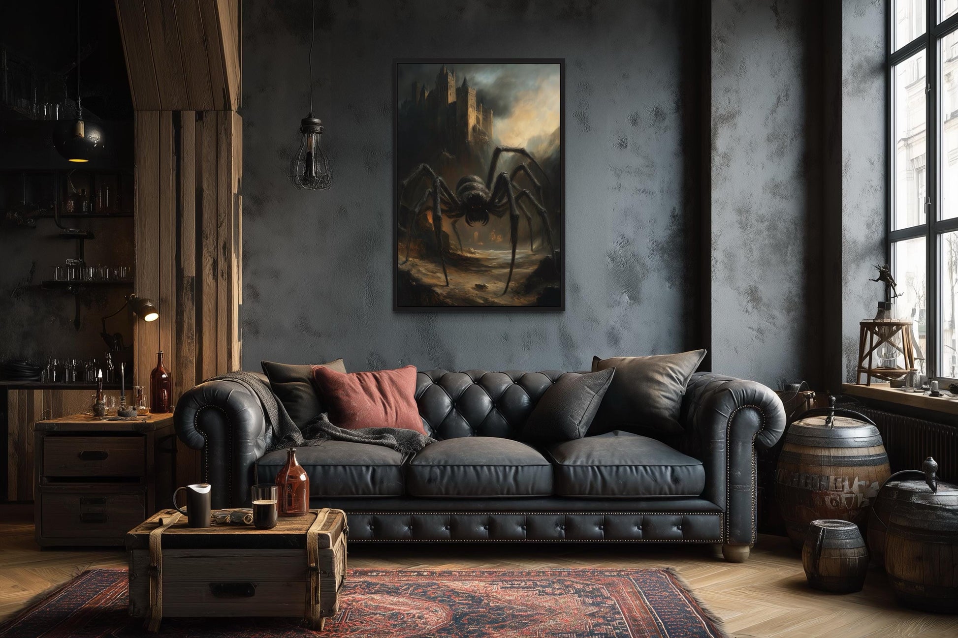 Giant Spider Creeping Through Gothic Castle Ruins Halloween Wall Art