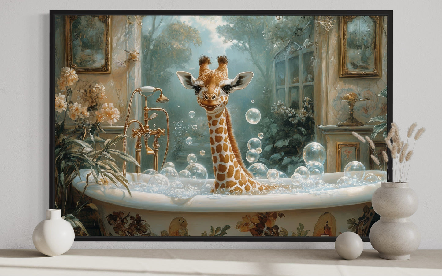 Giraffe in a Bathtub Framed Canvas Wall Art