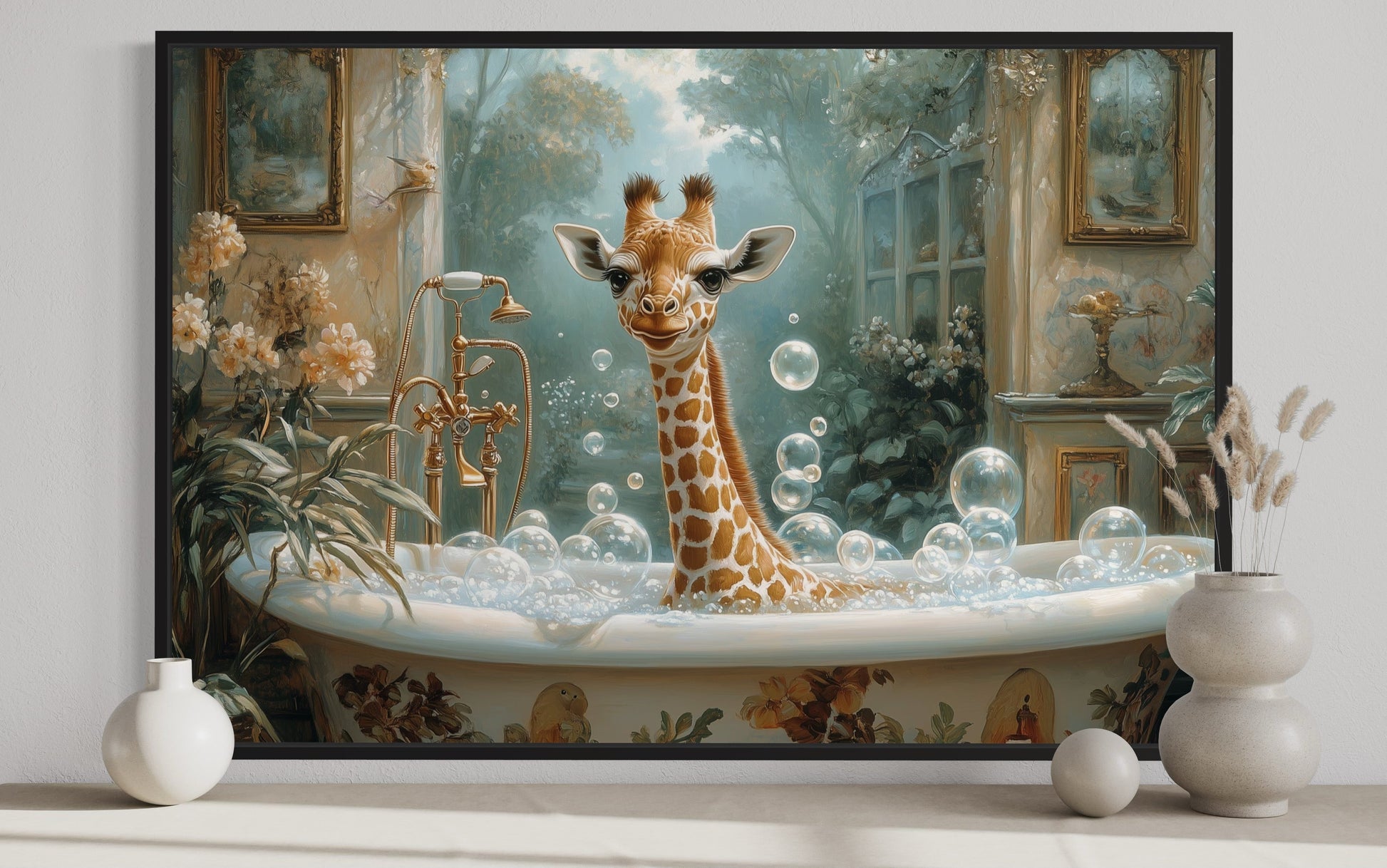 Giraffe in a Bathtub Framed Canvas Wall Art