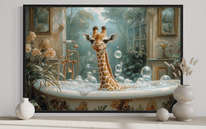 Giraffe in a Bathtub Framed Canvas Wall Art