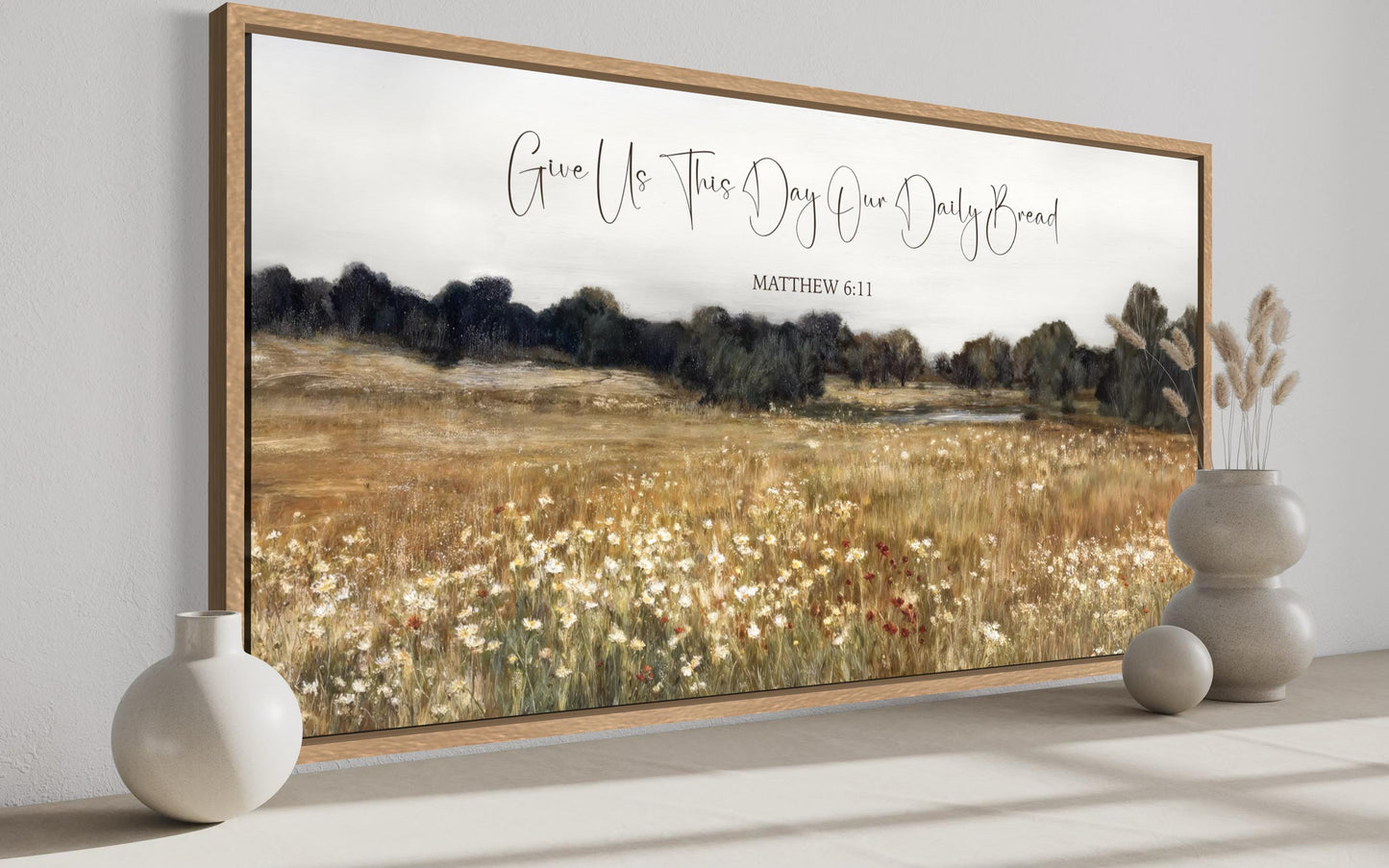 Give Us This Day Our Daily Bread, Matthew 6 11 Christian Scripture Wall Art on Rustic Wildflowers Field Landscape