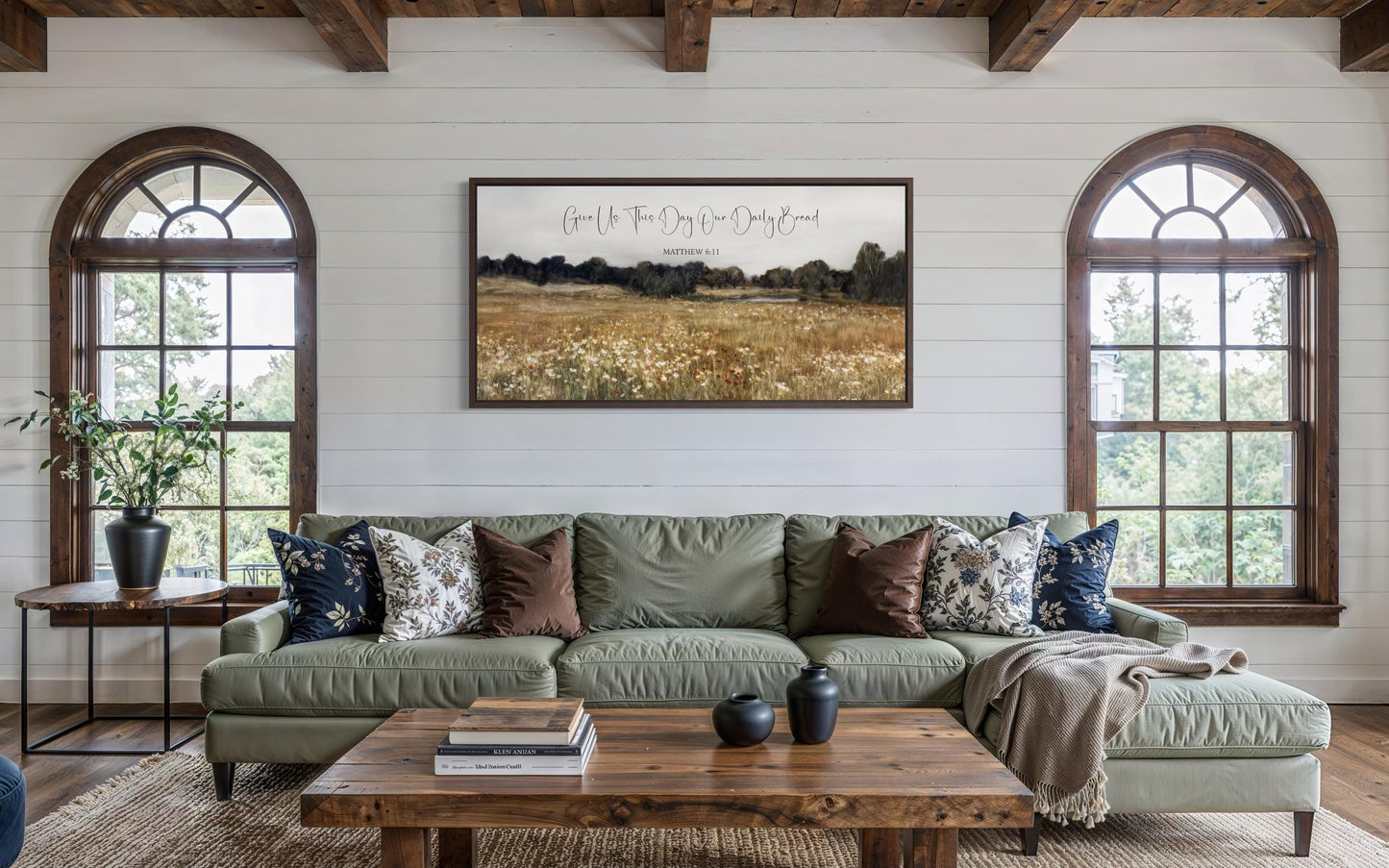 Give Us This Day Our Daily Bread, Matthew 6 11 Christian Scripture Wall Art on Rustic Wildflowers Field Landscape