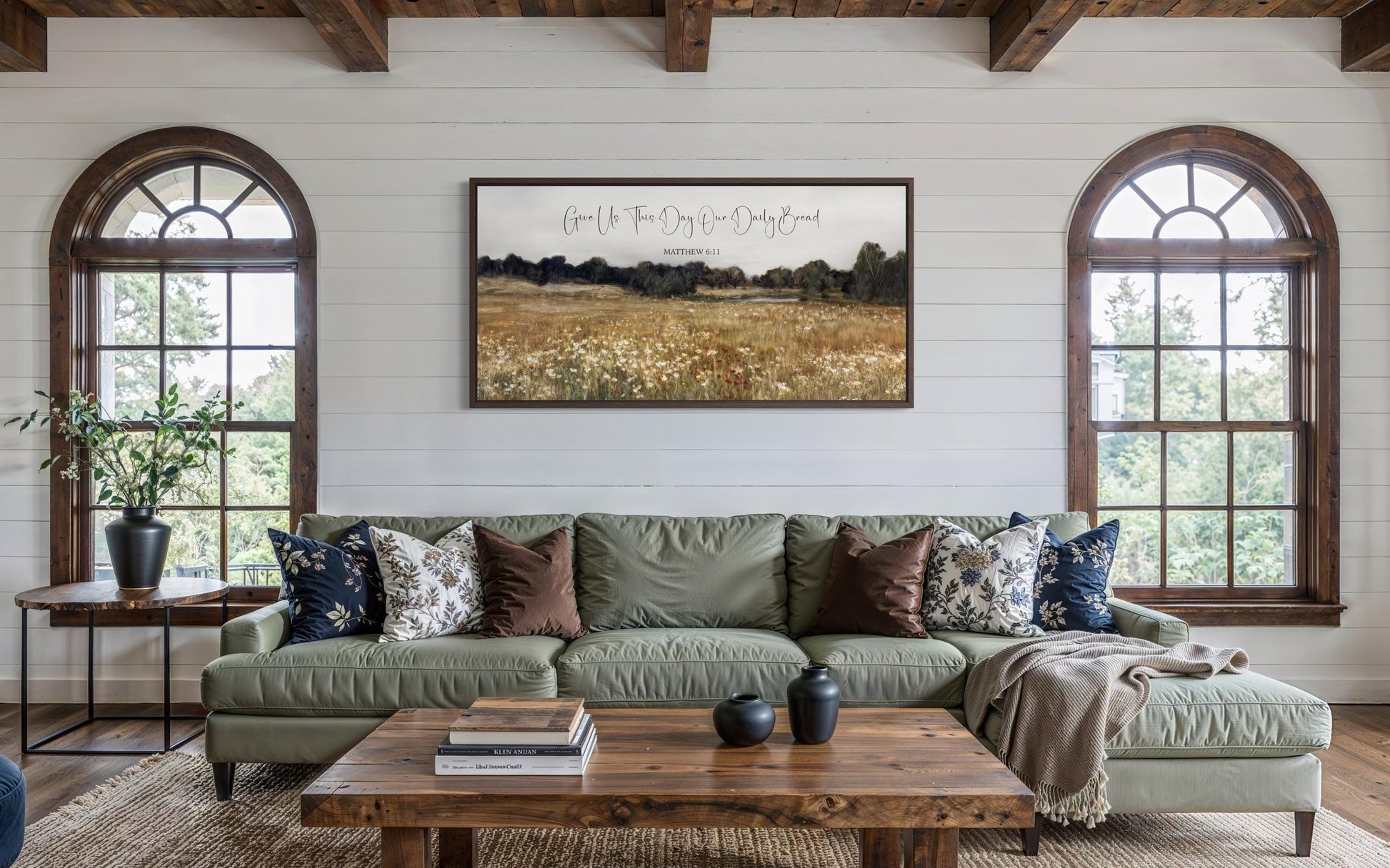 Give Us This Day Our Daily Bread, Matthew 6 11 Christian Scripture Wall Art on Rustic Wildflowers Field Landscape