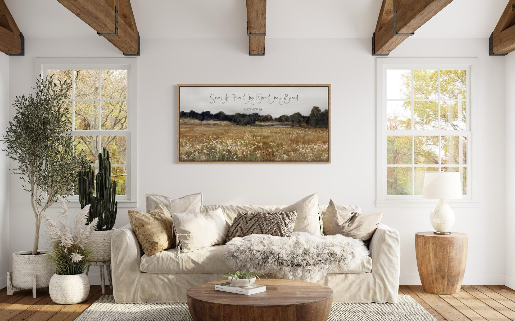 Give Us This Day Our Daily Bread, Matthew 6 11 Christian Scripture Wall Art on Rustic Wildflowers Field Landscape