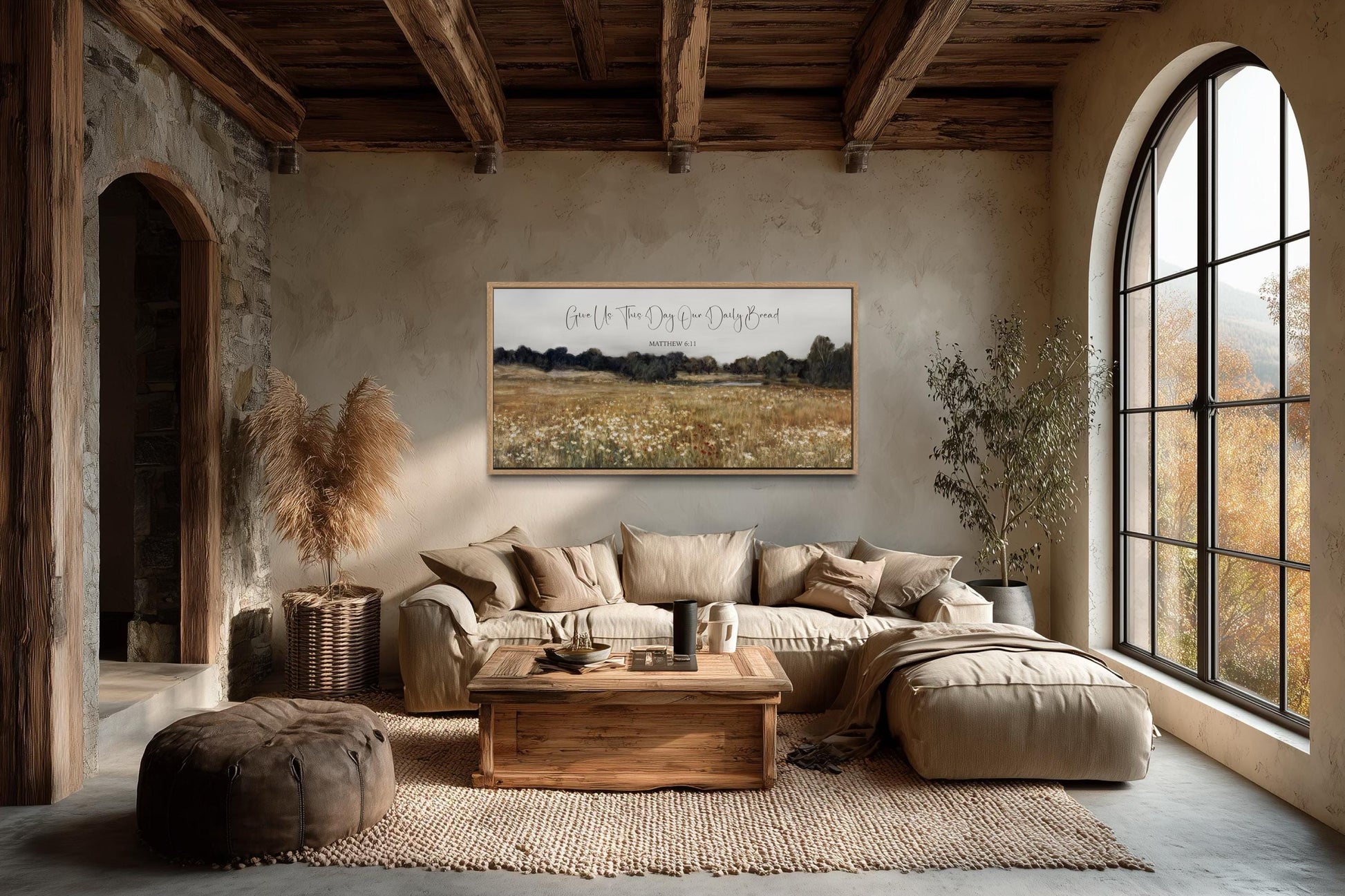 Give Us This Day Our Daily Bread, Matthew 6 11 Christian Scripture Wall Art on Rustic Wildflowers Field Landscape