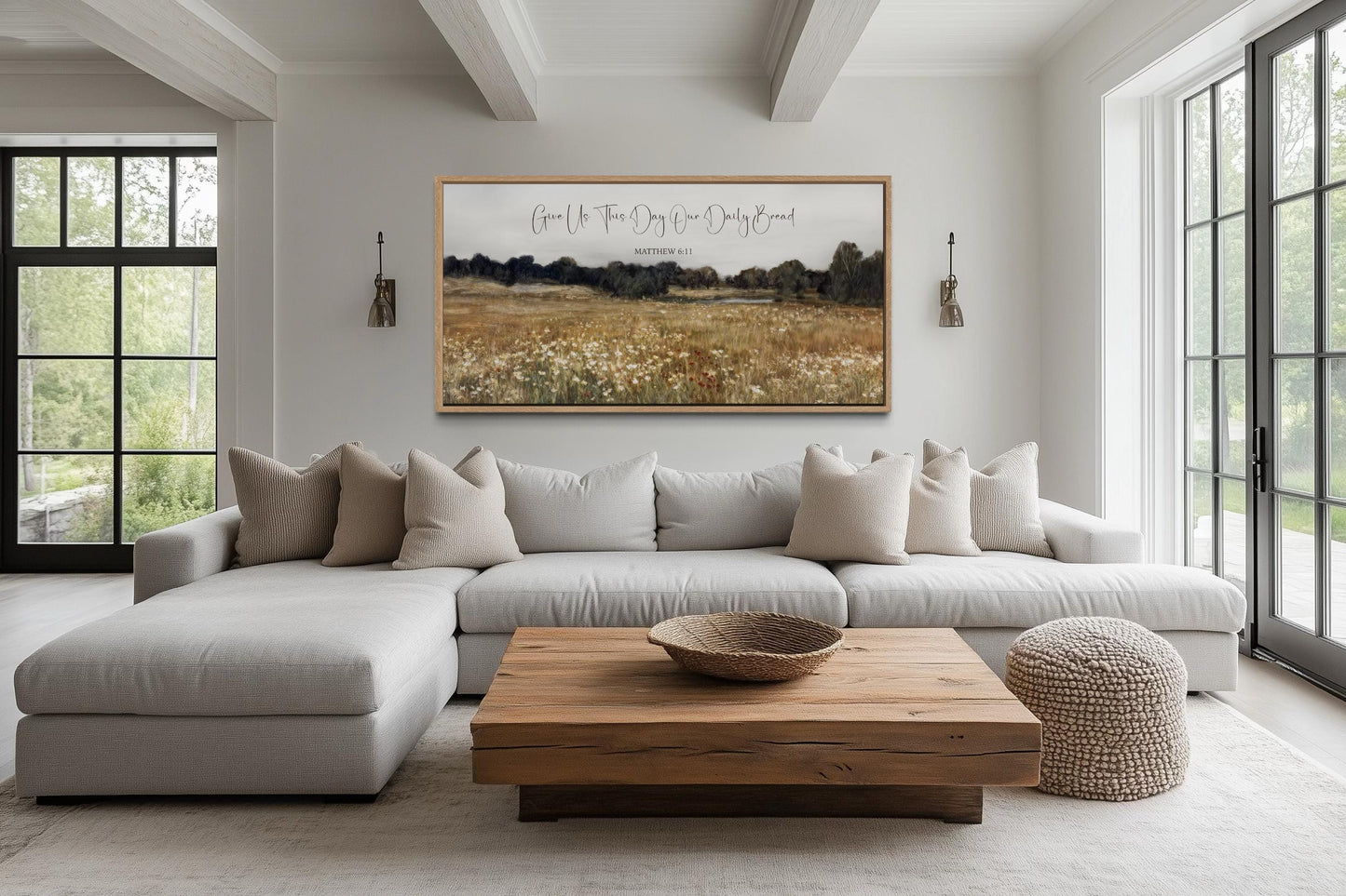 Give Us This Day Our Daily Bread, Matthew 6 11 Christian Scripture Wall Art on Rustic Wildflowers Field Landscape