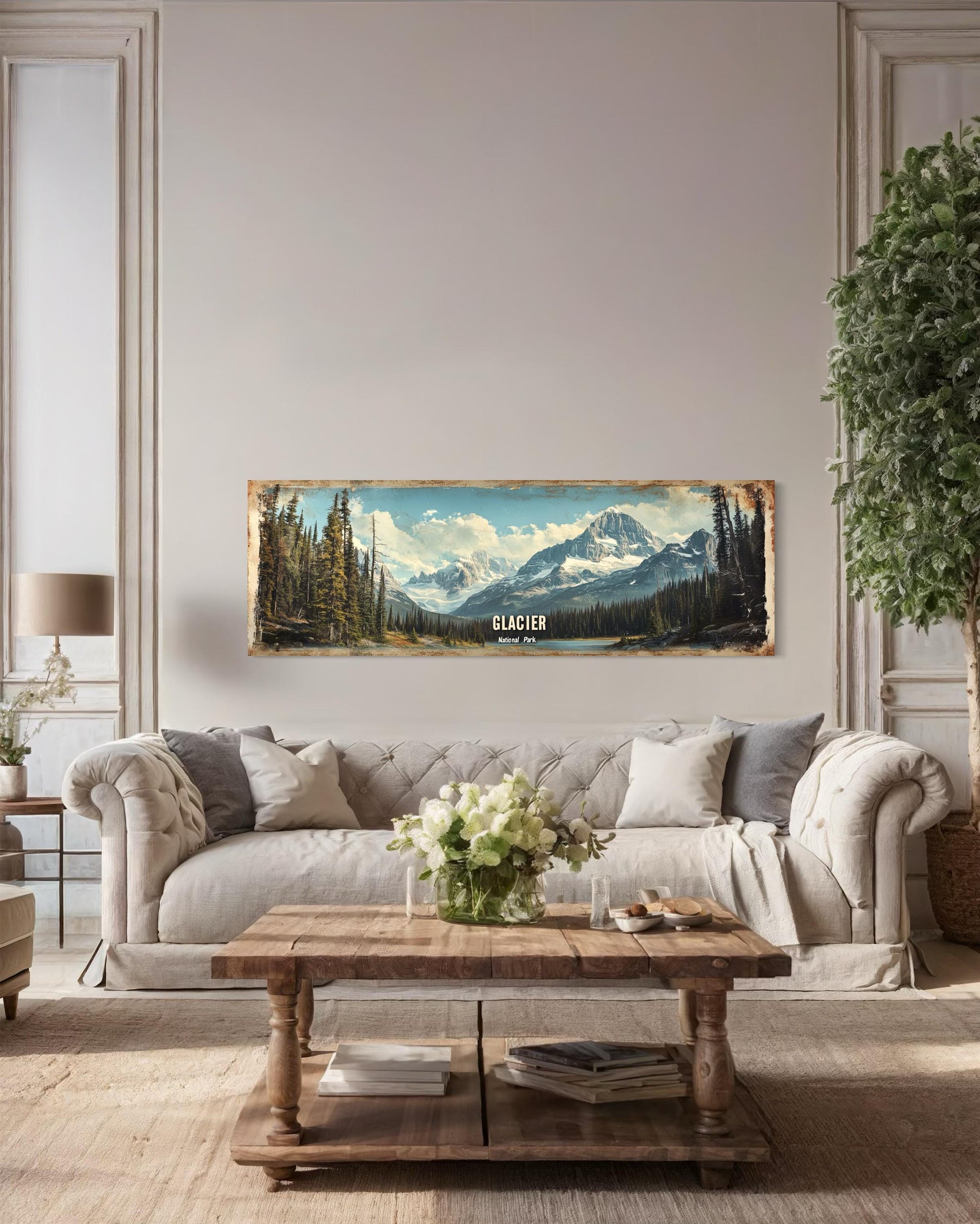 Glacier National Park Long Horizontal Framed Canvas Wall Art
