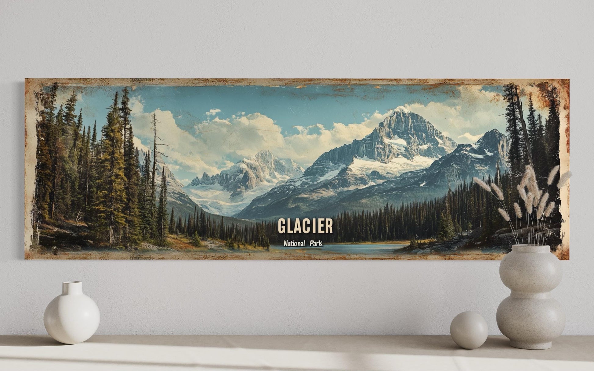 Glacier National Park Long Horizontal Framed Canvas Wall Art