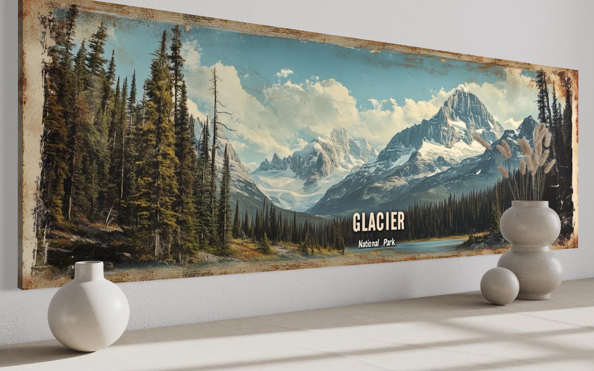 Glacier National Park Long Horizontal Framed Canvas Wall Art