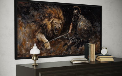 Gladiator Fighting Lion Canvas Wall Art For Man Cave Decor