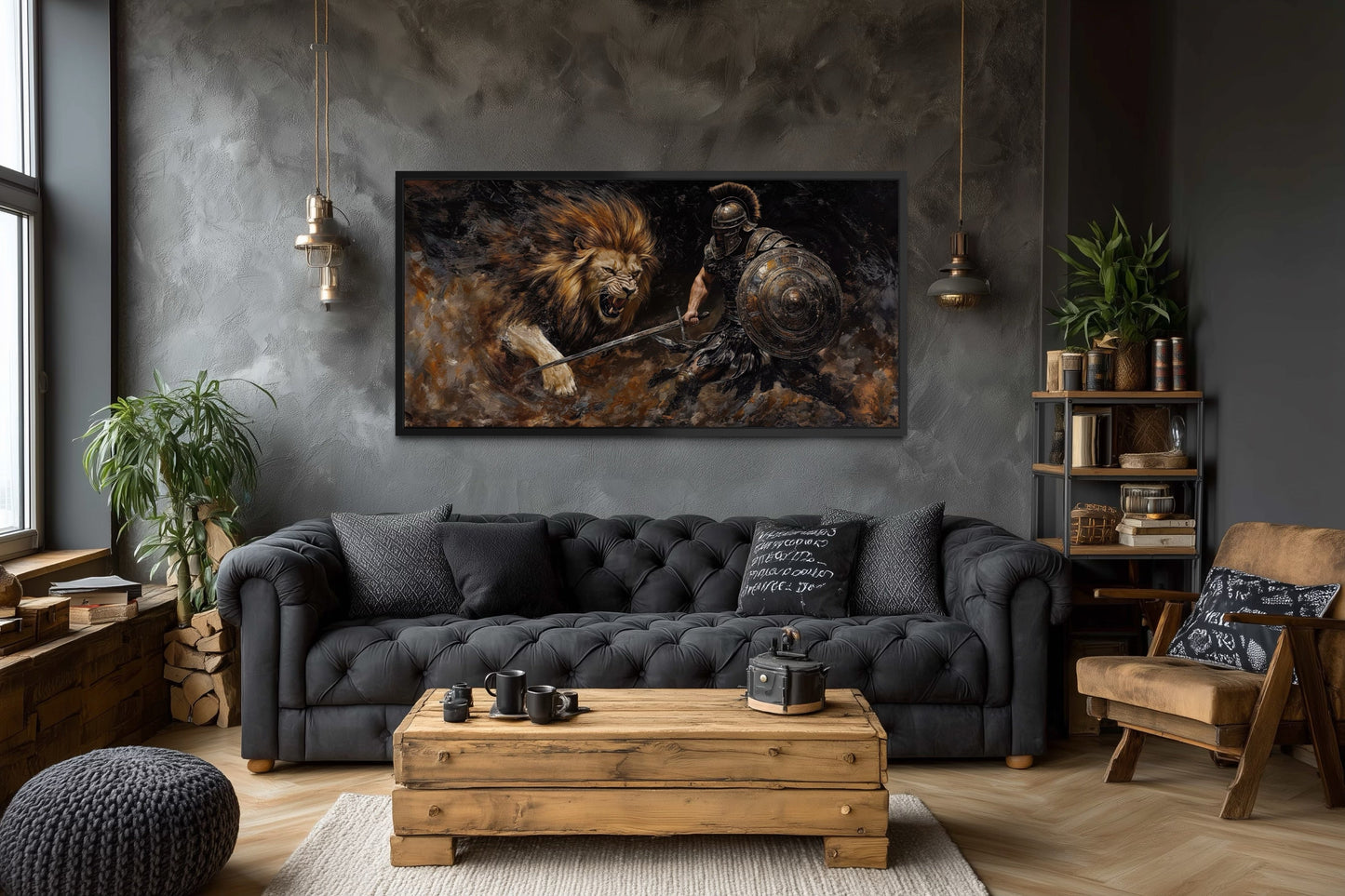Gladiator Fighting Lion Canvas Wall Art For Man Cave Decor