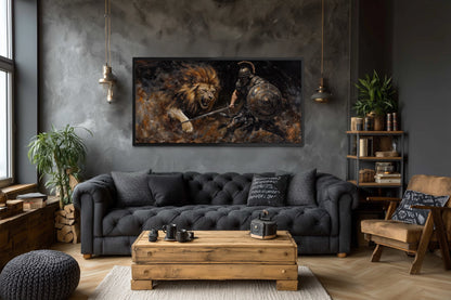 Gladiator Fighting Lion Canvas Wall Art For Man Cave Decor