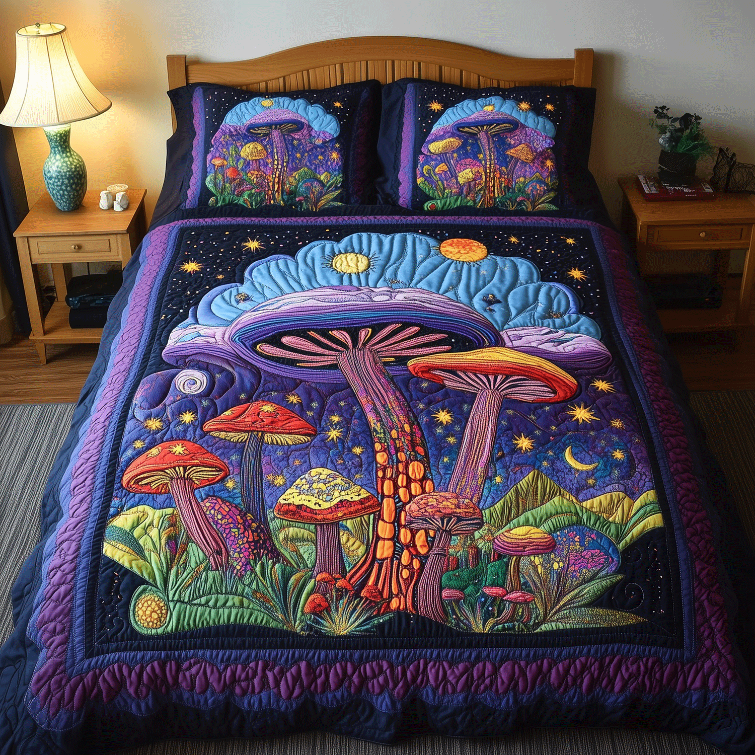 Glimmering Mushroom 3-Piece Quilted Bedding Set - Single (59" x 70")