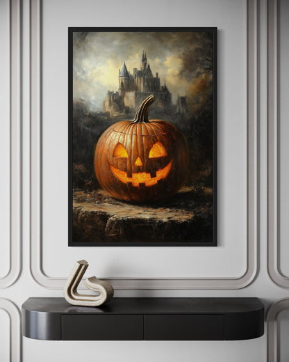 Glowing Jack-O’-Lantern in Front of Gothic Castle Halloween Wall Art