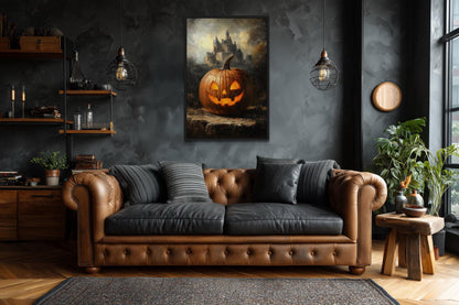 Glowing Jack-O’-Lantern in Front of Gothic Castle Halloween Wall Art