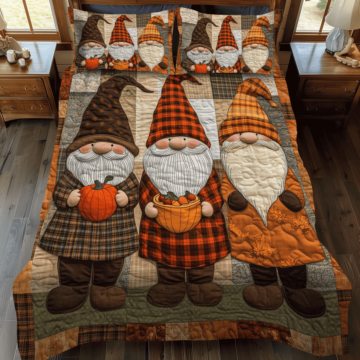 Gnome Fall Fest 3-Piece Quilted Bedding Set - Single (59" x 70")