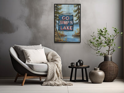 Go Jump In The Lake Rustic Lake House Framed Canvas Wall Art