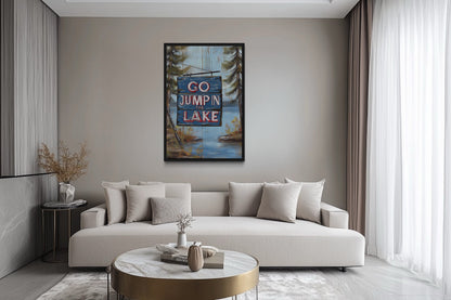 Go Jump In The Lake Rustic Lake House Framed Canvas Wall Art