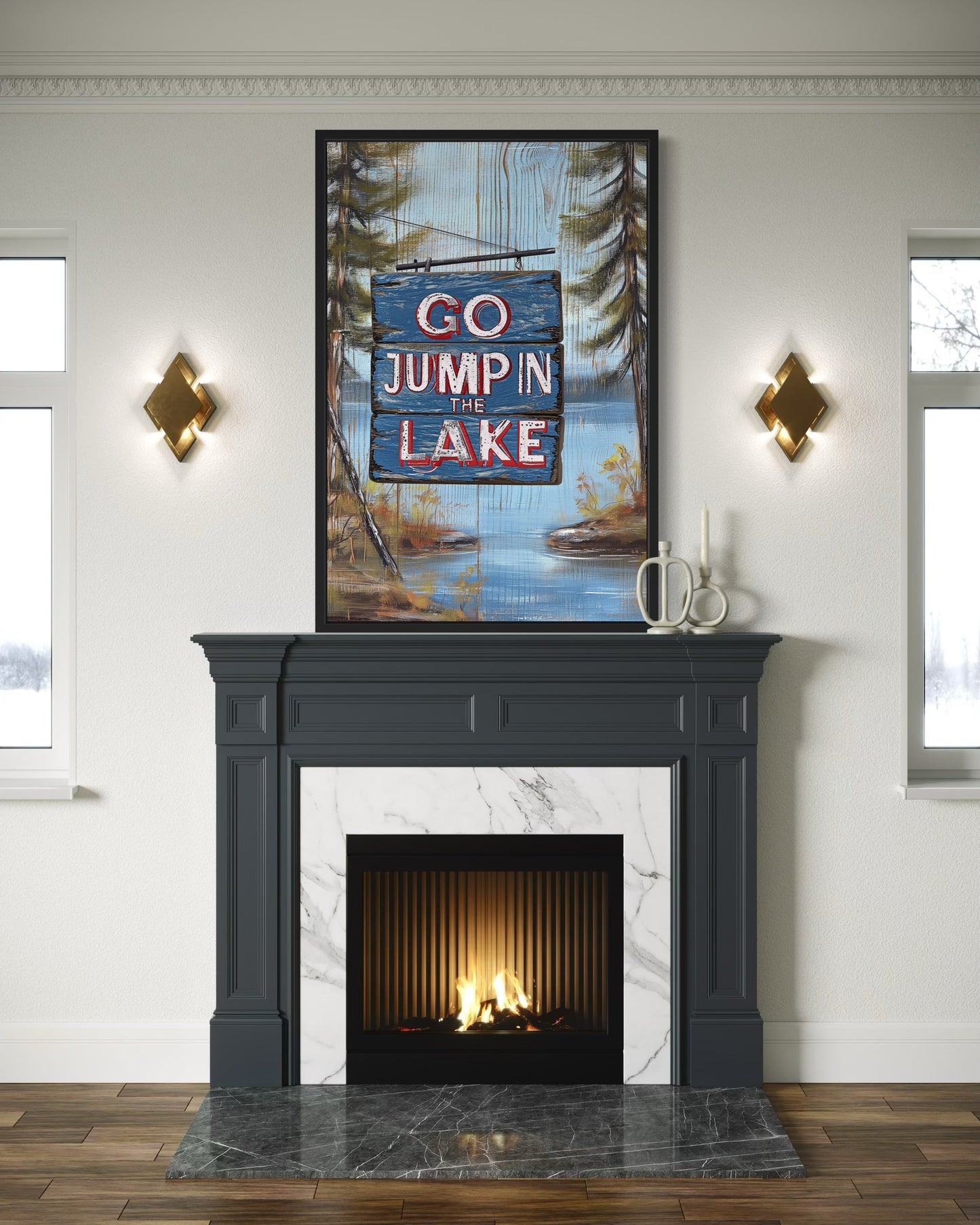 Go Jump In The Lake Rustic Lake House Framed Canvas Wall Art